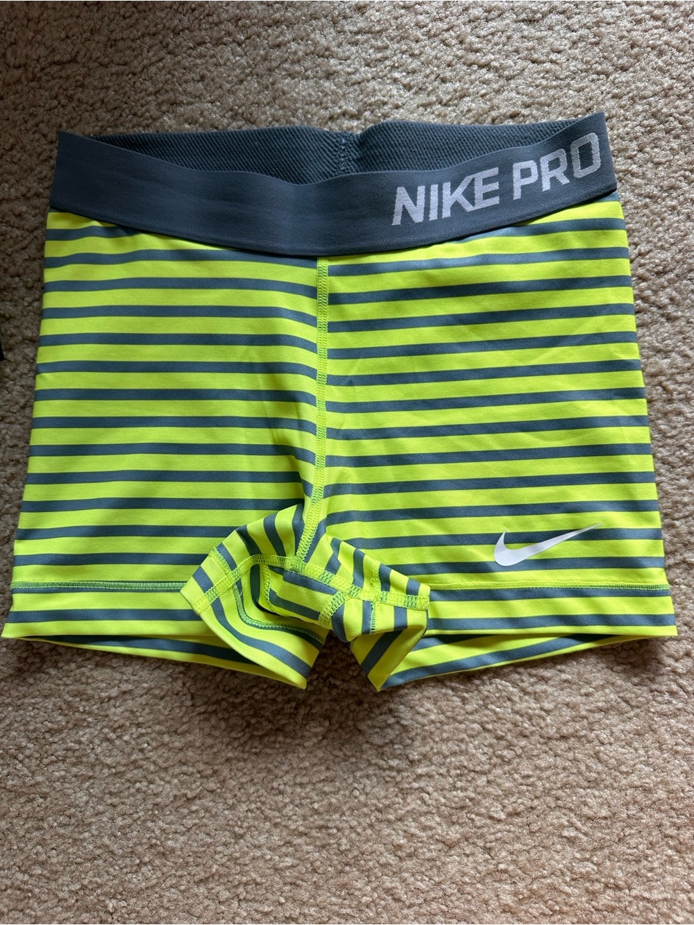 Nike Neon Yellow and Gray Striped Pro Compression Shorts